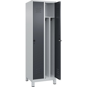 C+P Spind Classic PLUS, 2 Abteile, lichtgrau / grau, B 600 mm, mit Füßen, Drehriegel, Trennwand mittig