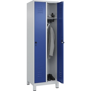 C+P Spind Classic PLUS, 2 Abteile, lichtgrau / enzianblau, B 600 mm, mit Füßen, Drehriegel