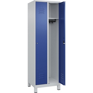 C+P Spind Classic PLUS, 2 Abteile, lichtgrau / enzianblau, B 600 mm, mit Füßen, Zylinderschloss