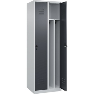 C+P Spind Classic PLUS, 2 Abteile, lichtgrau / grau, B 600 mm, mit Bodengleitern, Drehriegel, Trennwand mittig