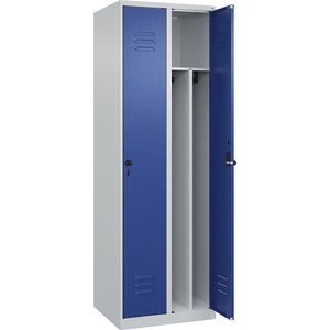 C+P Spind Classic PLUS, 2 Abteile, lichtgrau / enzianblau, B 600 mm, mit Bodengleitern, Drehriegel, Trennwand mittig