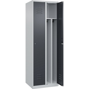 C+P Spind Classic PLUS, 2 Abteile, lichtgrau / grau, B 600 mm, mit Bodengleitern, Zylinderschloss, Trennwand mittig