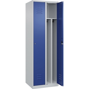 C+P Spind Classic PLUS, 2 Abteile, lichtgrau / enzianblau, B 600 mm, mit Bodengleitern, Zylinderschloss, Trennwand mittig