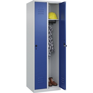 C+P Spind Classic PLUS, 2 Abteile, lichtgrau / enzianblau, B 600 mm, mit Bodengleitern, Drehriegel
