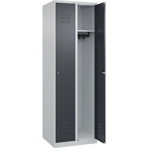 C+P Spind Classic PLUS, 2 Abteile, lichtgrau / grau, B 600 mm, mit Bodengleitern, Zylinderschloss