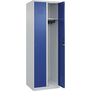 C+P Spind Classic PLUS, 2 Abteile, lichtgrau / enzianblau, B 600 mm, mit Bodengleitern, Zylinderschloss