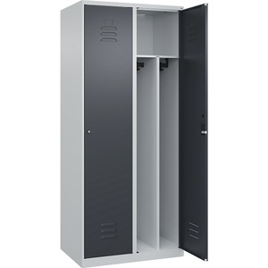 C+P Spind Classic PLUS, 2 Abteile, lichtgrau / grau, B 800 mm, mit Bodengleitern, Zylinderschloss, Trennwand mittig