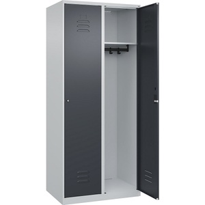 C+P Spind Classic PLUS, 2 Abteile, lichtgrau / grau, B 800 mm, mit Bodengleitern, Zylinderschloss