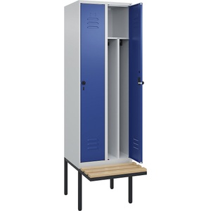 C+P Spind Classic PLUS Sitzbank, 2 Abteile, mittig, lichtgrau / enzianblau, B 600 mm, Sicherheits-Drehriegel, auskragend, Buche-Hartholz