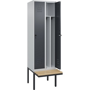 C+P Spind Classic PLUS Sitzbank, 2 Abteile, mittig, lichtgrau / grau, B 600 mm, Sicherheits-Drehriegel, auskragend, Buche-Hartholz
