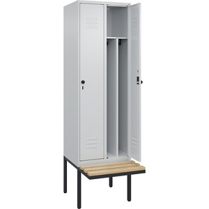 C+P Spind Classic PLUS Sitzbank, 2 Abteile, mittig, lichtgrau, B 600 mm, Sicherheits-Drehriegel, auskragend, Buche-Hartholz