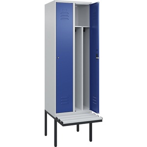 C+P Spind Classic PLUS Sitzbank, 2 Abteile, mittig, lichtgrau / enzianblau, B 600 mm, Zylinderschloss, auskragend, Kunststoff