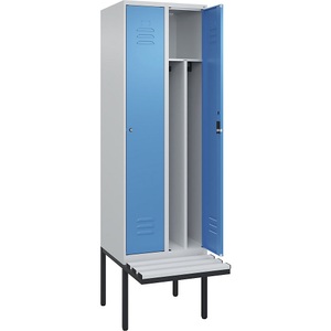 C+P Spind Classic PLUS Sitzbank, 2 Abteile, mittig, lichtgrau / lichtblau, B 600 mm, Zylinderschloss, auskragend, Kunststoff