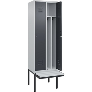 CP, C+P Spind Classic PLUS Sitzbank, 2 Abteile, mittig, lichtgrau / grau, B 600 mm, Zylinderschloss, auskragend, Kunststoff