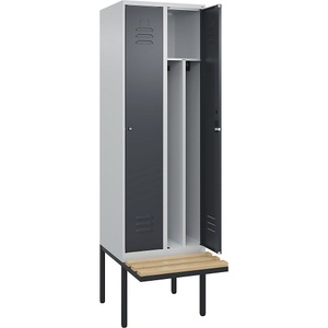 C+P Spind Classic PLUS Sitzbank, 2 Abteile, mittig, lichtgrau / grau, B 600 mm, Zylinderschloss, auskragend, Buche-Hartholz