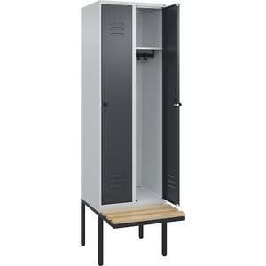 C+P Spind Classic PLUS Sitzbank, 2 Abteile, lichtgrau / grau, B 600 mm, Sicherheits-Drehriegel, auskragend, Buche-Hartholz