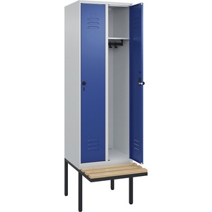 C+P Spind Classic PLUS Sitzbank, 2 Abteile, lichtgrau / enzianblau, B 600 mm, Sicherheits-Drehriegel, auskragend, Buche-Hartholz