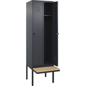 C+P Spind Classic PLUS Sitzbank, 2 Abteile, grau, B 600 mm, Sicherheits-Drehriegel, auskragend, Buche-Hartholz