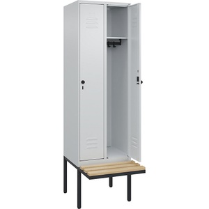 C+P Spind Classic PLUS Sitzbank, 2 Abteile, lichtgrau, B 600 mm, Sicherheits-Drehriegel, auskragend, Buche-Hartholz