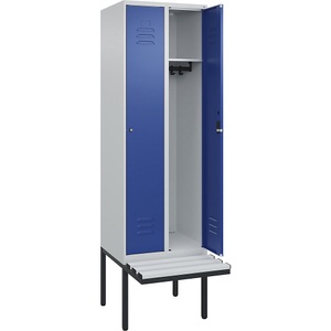 C+P Spind Classic PLUS Sitzbank, 2 Abteile, lichtgrau / enzianblau, B 600 mm, Zylinderschloss, auskragend, Kunststoff