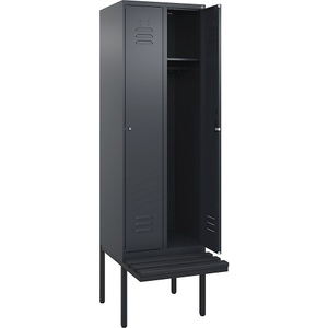 C+P Spind Classic PLUS Sitzbank, 2 Abteile, grau, B 600 mm, Zylinderschloss, auskragend, Kunststoff