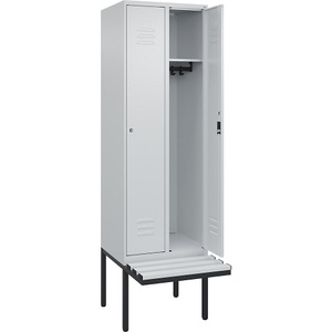 C+P Spind Classic PLUS Sitzbank, 2 Abteile, lichtgrau, B 600 mm, Zylinderschloss, auskragend, Kunststoff