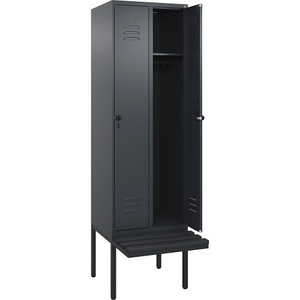 C+P Spind Classic PLUS Sitzbank, 2 Abteile, grau, B 600 mm, Sicherheits-Drehriegel, auskragend, Kunststoff