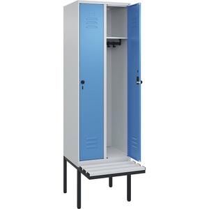 CP, C+P Spind Classic PLUS Sitzbank, 2 Abteile, lichtgrau / lichtblau, B 600 mm, Sicherheits-Drehriegel, auskragend, Kunststoff