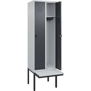 C+P Spind Classic PLUS Sitzbank, 2 Abteile, lichtgrau / grau, B 600 mm, Sicherheits-Drehriegel, auskragend, Kunststoff