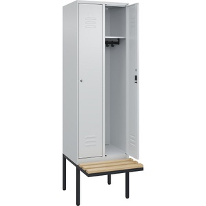 C+P Spind Classic PLUS Sitzbank, 2 Abteile, lichtgrau, B 600 mm, Zylinderschloss, auskragend, Buche-Hartholz