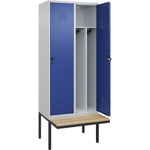 C+P Spind Classic PLUS Sitzbank, 2 Abteile, mittig, lichtgrau / enzianblau, B 800 mm, Sicherheits-Drehriegel, auskragend, Buche-Hartholz