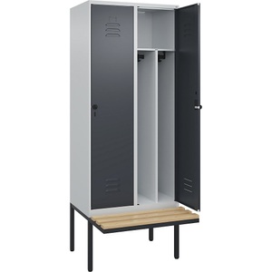C+P Spind Classic PLUS Sitzbank, 2 Abteile, mittig, lichtgrau / grau, B 800 mm, Sicherheits-Drehriegel, auskragend, Buche-Hartholz
