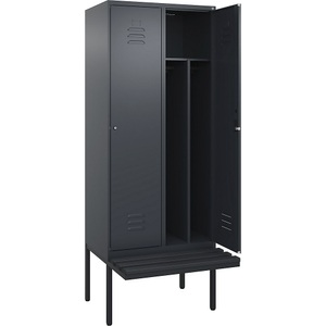 C+P Spind Classic PLUS Sitzbank, 2 Abteile, mittig, grau, B 800 mm, Zylinderschloss, auskragend, Kunststoff