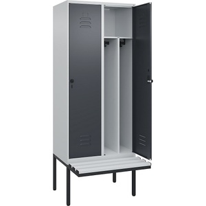 C+P Spind Classic PLUS Sitzbank, 2 Abteile, mittig, lichtgrau / grau, B 800 mm, Sicherheits-Drehriegel, auskragend, Kunststoff