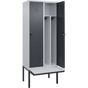 CP, C+P Spind Classic PLUS Sitzbank, 2 Abteile, mittig, lichtgrau / grau, B 800 mm, Sicherheits-Drehriegel, auskragend, Kunststoff