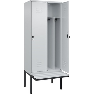 CP, C+P Spind Classic PLUS Sitzbank, 2 Abteile, mittig, lichtgrau, B 800 mm, Sicherheits-Drehriegel, auskragend, Kunststoff