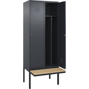 C+P Spind Classic PLUS Sitzbank, 2 Abteile, mittig, grau, B 800 mm, Zylinderschloss, auskragend, Buche-Hartholz