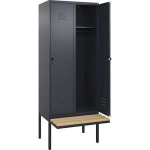 C+P Spind Classic PLUS Sitzbank, 2 Abteile, grau, B 800 mm, Sicherheits-Drehriegel, auskragend, Buche-Hartholz