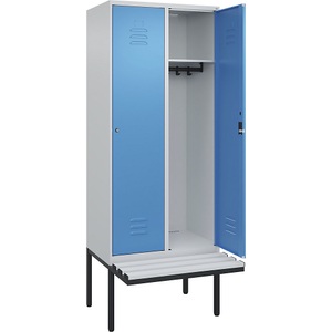 CP, C+P Spind Classic PLUS Sitzbank, 2 Abteile, lichtgrau / lichtblau, B 800 mm, Zylinderschloss, auskragend, Kunststoff