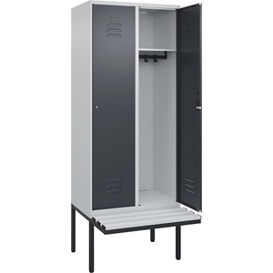 C+P Spind Classic PLUS Sitzbank, 2 Abteile, lichtgrau / grau, B 800 mm, Zylinderschloss, auskragend, Kunststoff