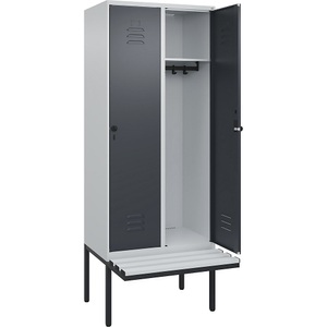C+P Spind Classic PLUS Sitzbank, 2 Abteile, lichtgrau / grau, B 800 mm, Sicherheits-Drehriegel, auskragend, Kunststoff