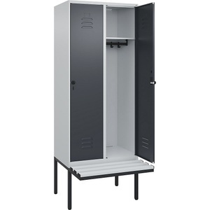 CP, C+P Spind Classic PLUS Sitzbank, 2 Abteile, lichtgrau / grau, B 800 mm, Sicherheits-Drehriegel, auskragend, Kunststoff