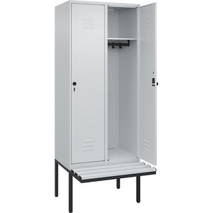 C+P Spind Classic PLUS Sitzbank, 2 Abteile, lichtgrau, B 800 mm, Sicherheits-Drehriegel, auskragend, Kunststoff