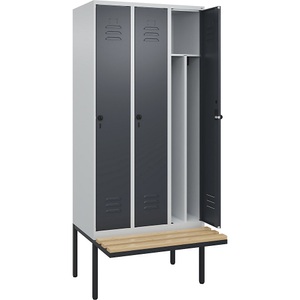 C+P Spind Classic PLUS Sitzbank, 3 Abteile, mittig, lichtgrau / grau, B 900 mm, Sicherheits-Drehriegel, auskragend, Buche-Hartholz