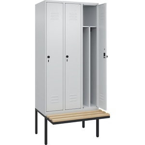 CP, C+P Spind Classic PLUS Sitzbank, 3 Abteile, mittig, lichtgrau, B 900 mm, Sicherheits-Drehriegel, auskragend, Buche-Hartholz