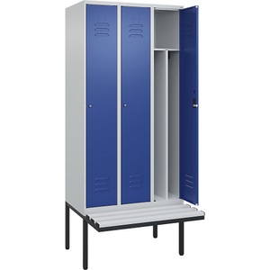 C+P Spind Classic PLUS Sitzbank, 3 Abteile, mittig, lichtgrau / enzianblau, B 900 mm, Zylinderschloss, auskragend, Kunststoff