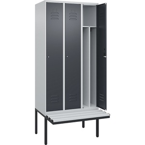 CP, C+P Spind Classic PLUS Sitzbank, 3 Abteile, mittig, lichtgrau / grau, B 900 mm, Zylinderschloss, auskragend, Kunststoff