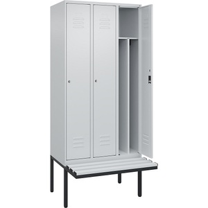 CP, C+P Spind Classic PLUS Sitzbank, 3 Abteile, mittig, lichtgrau, B 900 mm, Zylinderschloss, auskragend, Kunststoff