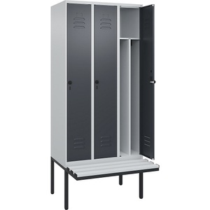 C+P Spind Classic PLUS Sitzbank, 3 Abteile, mittig, lichtgrau / grau, B 900 mm, Sicherheits-Drehriegel, auskragend, Kunststoff