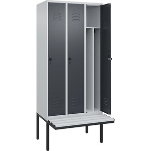 CP, C+P Spind Classic PLUS Sitzbank, 3 Abteile, mittig, lichtgrau / grau, B 900 mm, Sicherheits-Drehriegel, auskragend, Kunststoff